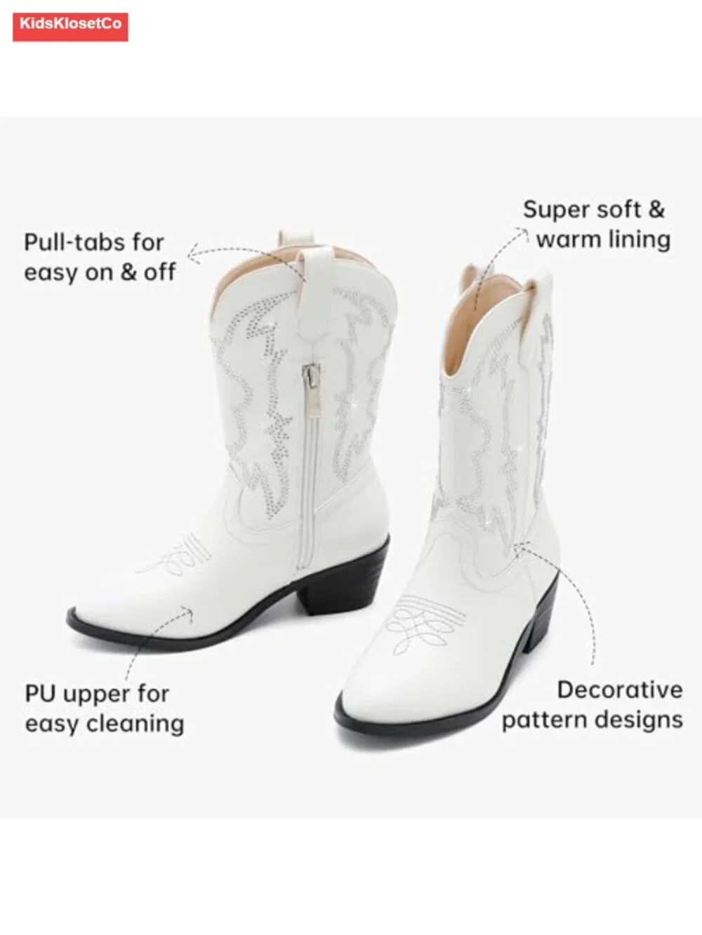 Girls Cowboy Boots Pull On Mid Calf Western Boots Rhinestone Embellished